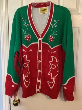 Tipsy Elves Red and Green Holiday Cowboy Fringe Cardigan